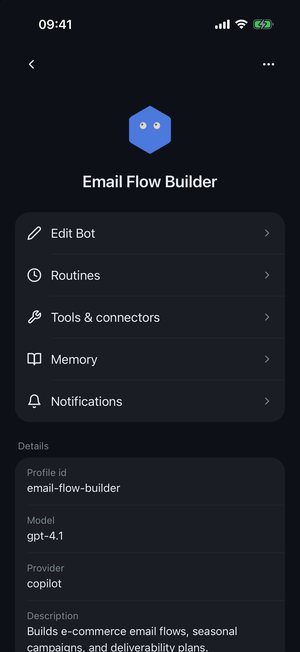 An assistant's page with Edit Bot, Routines, Tools and connectors, Memory and Notifications.