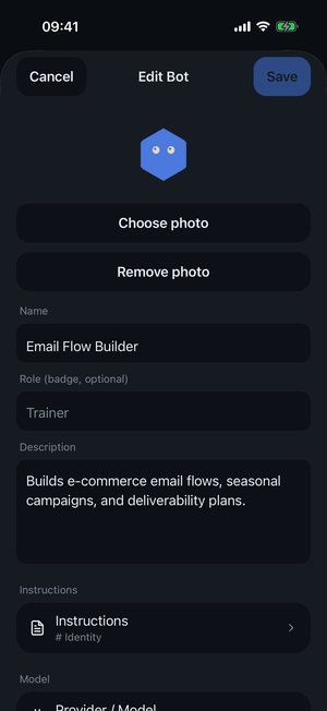 Edit Bot: the assistant's photo, name, role and description.